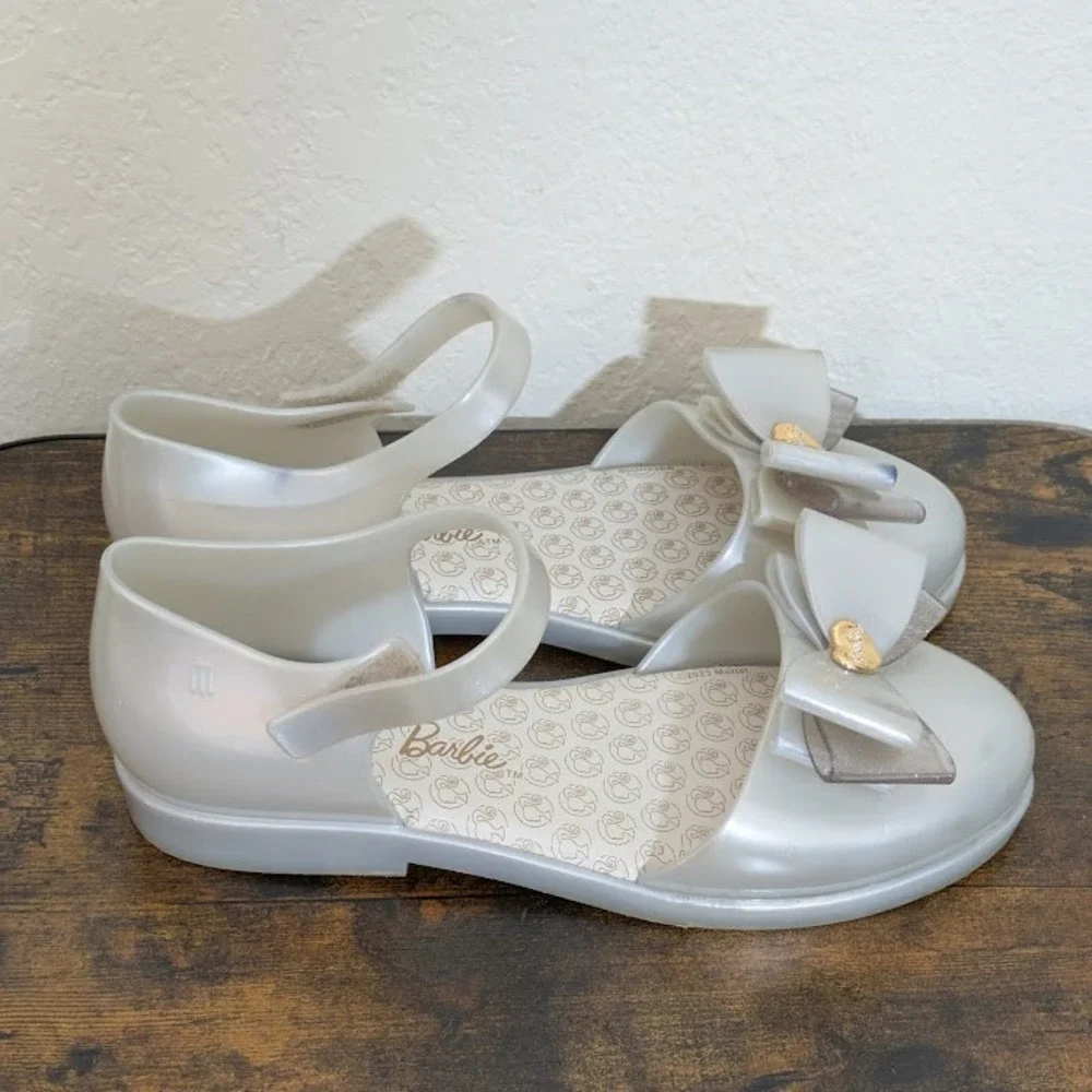 Mini Melissa Barbie Jelly Sandals Metallic White Bow Heart Vegan Big Kid Flats 4